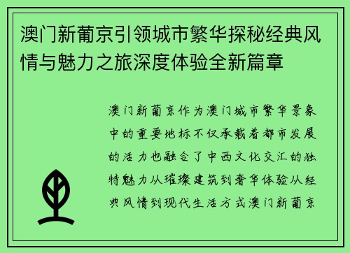 澳门新葡京引领城市繁华探秘经典风情与魅力之旅深度体验全新篇章